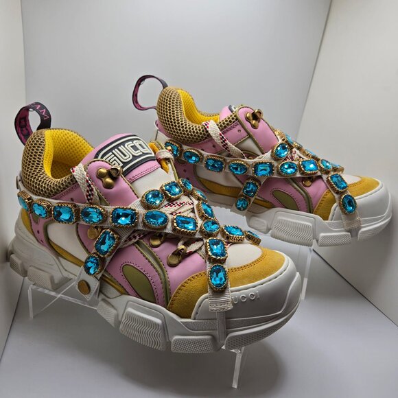 Gucci Journey Flashtrek Crystal Sneakers Jewel Chunky Sole Pink/Yellow/White - Picture 10 of 14